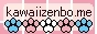 a button with a pink background of a grid of squares and rectangles, with text overlaying it saying "kawaiizenbo.me". There are 5 paws that alternate the colors of the trans flag!